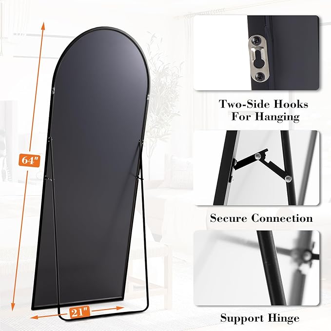NEWBULIG 63.8"x20.8" Arched Full Length Mirror, Full Body Floor Mirror with Aluminum Alloy Thin Frame, Wall or Standing Mirror for Bedroom, Living Room, Dressing Room, Black