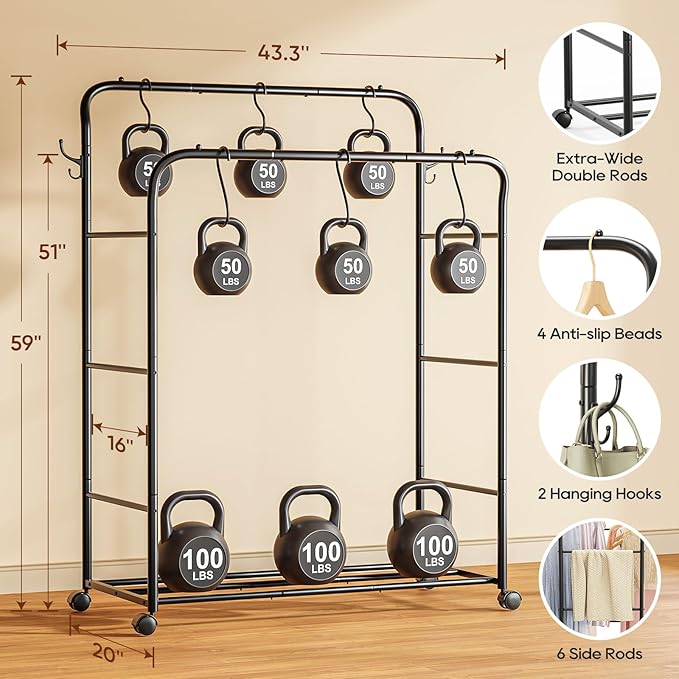 TigerParty Double Rods Clothes Rack for Hanging Clothes, Rolling Clothing Rack with Wheels, 6 Side Bars Freestanding Garment Racks for Bedroom Laundry Living Room