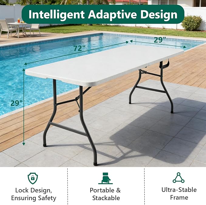 6ft Folding Table with Handle, Heavy Duty Plastic Table, 300 lbs Portable Table, Reinforced Steel Legs, High Density Plastic, Ideal for Parties, Picnics, Weddings, Camping White