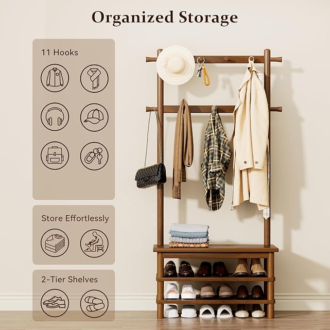 Hall Tree, 3-in-1 Entryway Bench with Coat Rack, 11 Hooks and 2-Tier Hall Tree with Shoe Storage Bench, Solid Wood Coat Rack Freestanding, 27.2" Long
