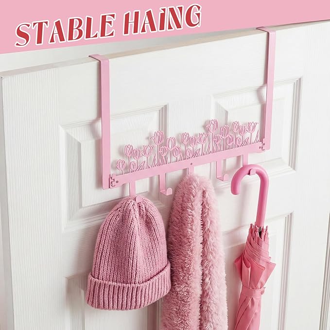 AceOrbit Pink Tulip Over The Door Hooks Wall Mount Towel Hanger Cute Door Holder Rack with 5 Hooks Hanging Towel, Coat Keys, Bags, Hats, Clothes for Bedroom Bathroom Kitchen Dorm Room Organizer