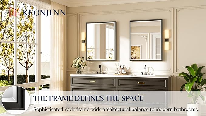 Keonjinn 30" x 36" Black Bathroom Vanity Mirror, Brushed Black Mirrors for Over Sink, Beveled Edge Tempered Glass, Aluminum Alloy Frame, Anti-Rust, Classic Rectangular Wall Mirror for Bedroom, Hallway