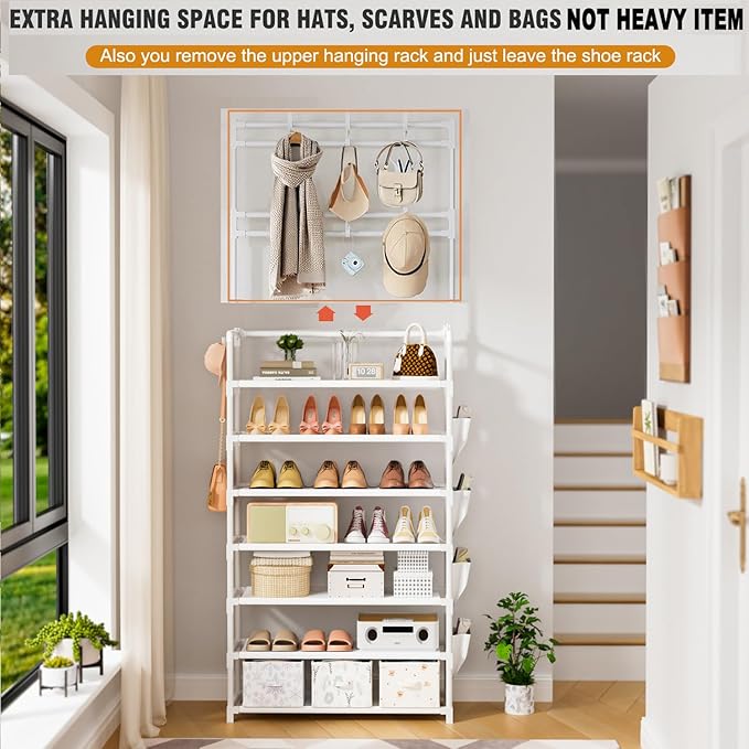 OYREL Shoe Rack 7 Tier Shoe Organizer Storage 21-28 Pairs Closet Shoes Rack for Front Door Entrance Shoe Rack Organizer with Hooks Side Pocket Entryway Large Capacity Shoe Shelf Tower Garage
