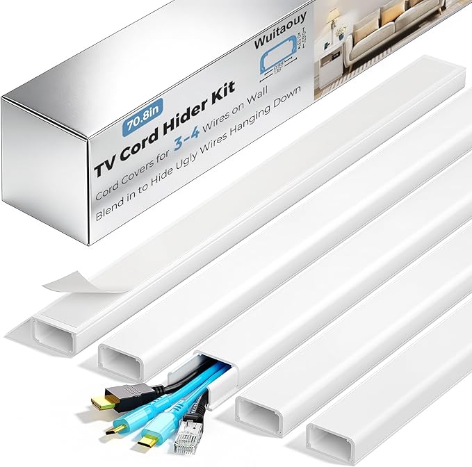 Cord Covers for 3-4 Wires on Wall, Wuitaouy 70.8in Cord Hider Kit, Self-Adhesive Wire Hider Wire Covers for Cords on Wall, Paintable Tv Cable Hider Cable Management, W1.18 H0.6in, White
