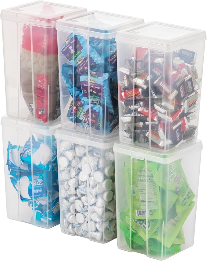 IRIS USA Vertical Plastic Flip Top Storage Containers Bins with Lids for Pantry, Home, Office, Organization, Medium, Stackable Hinged Organizer with Latches, Clear, 6 Pack