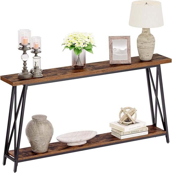 MAHANCRIS Console Table for Entryway, 63" Industrial Entryway Table, 2-Tier Extra Long Sofa Table Behind Couch, X-Shaped Support, for Entryway, Hallway, Living Room, Rustic Brown CTHR4801Z