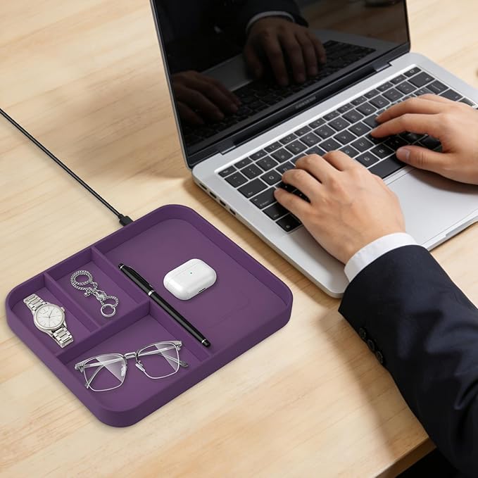 VOVIPO Faux Leather Valet Tray,with 2 in 1 Wireless Charging Compitable With iPhone/17/16/15/15 Plus/15 Pro/15 Pro Max/14/13/12/Wireless earphones,Office/Home Desk Organizers Tray-Purple