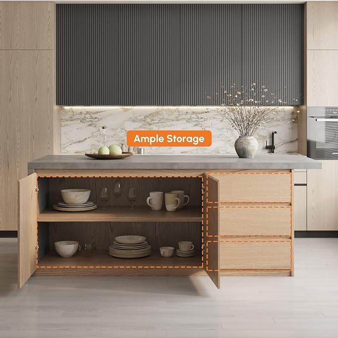 homary Kitchen Island with Storage & Wine Rack, 72" Modern Gray Kitchen Cabinet with Wood Top, Large Fixed Island with 3 Drawers & 6 Adjustable Shelves, Without Bar Stools