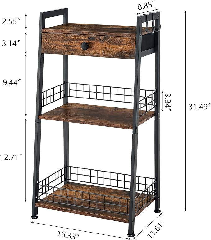 Gewudraw 3-Tier Ladder Shelf with Drawer, Bathroom Table Stand for Small Space, Bathroom Standing Shelves with Storage for Living Room Bedroom Kitchen, Organizer Shelf, Rustic Brown