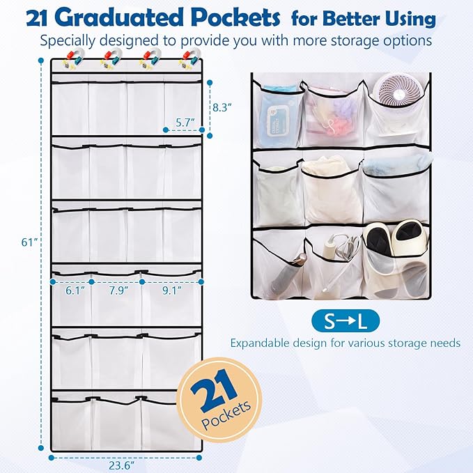 Over The Door Cruise Ship Organizer - Cruise Ship Magnetic Door Organizer with 21 Size-Graded Pockets, Hanging Magnetic Cruise Storage Shoe Rack for Cabin, 2026 Cruise Essential, 12 Hooks(White)