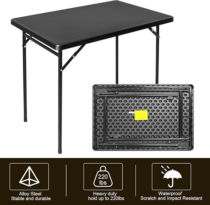 3ft Rectangular Folding Table, All-Occasion Plastic Event Table for Indoor and Outdoor, Portable Desk, Camping, Durable and Stable, HDPE and Steel, Wide Application, Black