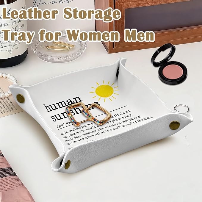 Human Sunshine Gifts Leather Jewelry Valet Tray, Thank You Gifts for Coworkers Teachers PU Leather Catchall Beside Caddy Nightstand Organizer Tray for Jewelry Rings Watches Keys, 7.8x7.8inch