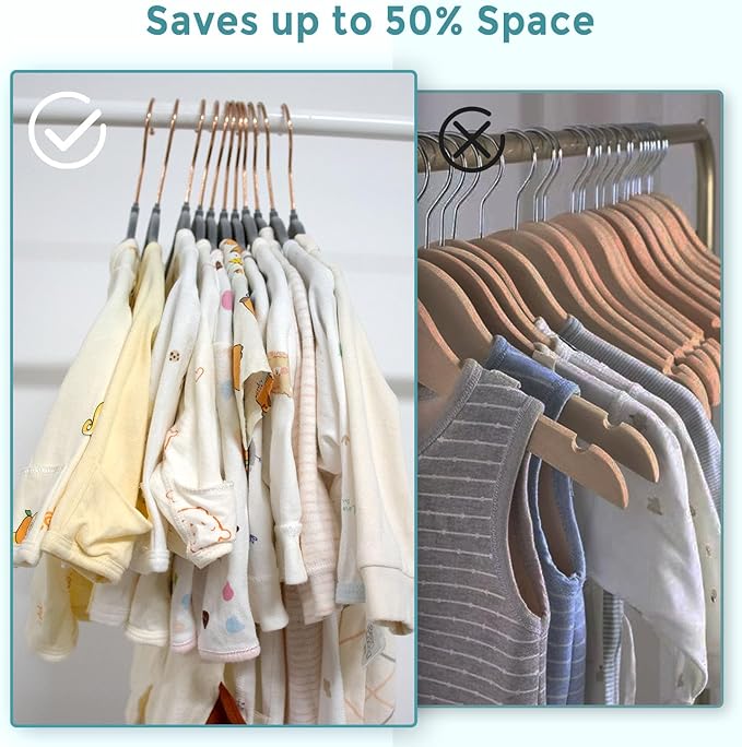 Tonswachic Baby Velvet Hangers 50 Pack - 11 Inch Non-Slip Felt Kids Hanger for Newborn Clothes - Small Toddler Child Hangers Durable for Every Use - 10 Hanger Clips Included, Gray