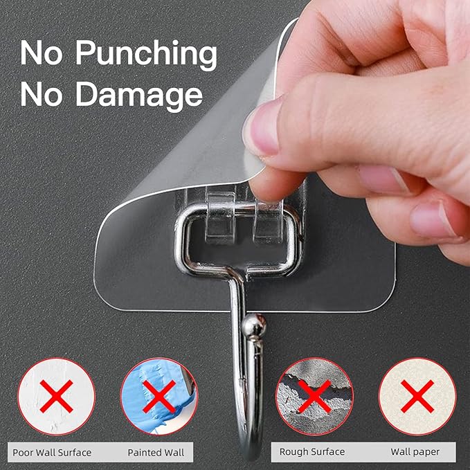 Large Hooks for Hanging Heavy-Duty 44Ib(Max) 10 Packs, Wall Hangers Without Nails Self-Adhesive Traceless Clear and Removable, Waterproof and Rustproof Multiple Uses for Bathroom Kitchen Home
