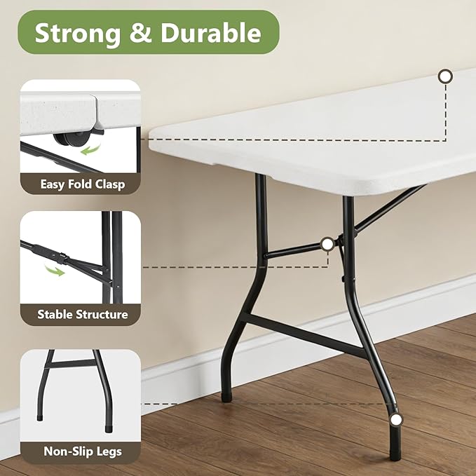 Folding Table 2 Pack, 8FT Folding Table Portable with Built-in Handle, Heavy Duty Plastic Table with Steel Legs Supports to 300lbs, Suitable for Party, Camping, Events Indoor&Outdoor Use, White