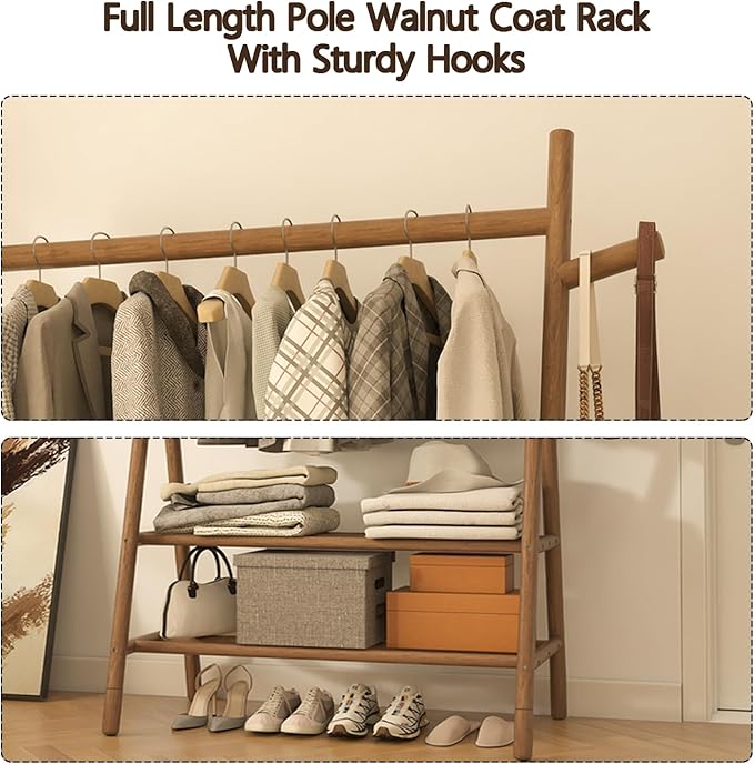 Solid Wood Clothes Rack with 2 Shelves & Hooks, Freestanding Garment Rack & Coat Rack Load 350 Lbs for Hanging Clothes & Organizer, Simple and Practical for Entryway Bedroom Living Room 39.5W