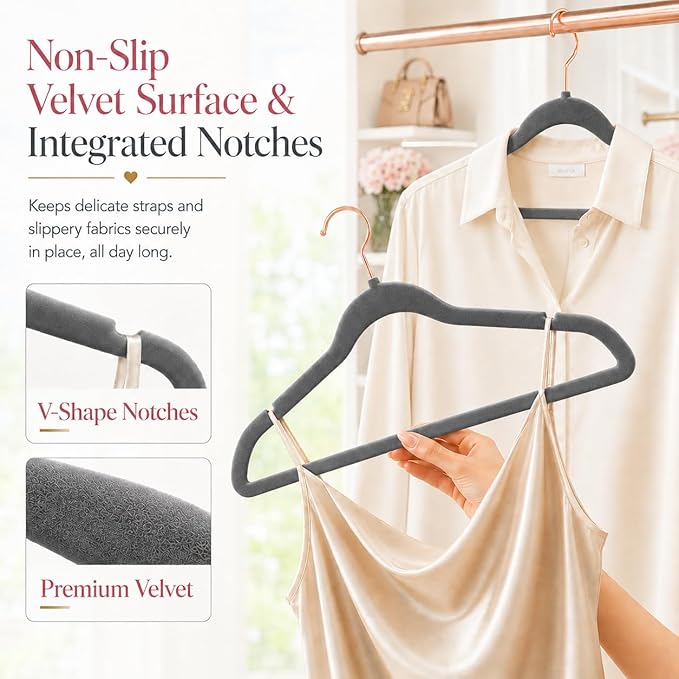 Smartor Grey Velvet Hangers 50 Pack, Non Slip Clothes Felt Hanger Heavy Duty for Coat, 360° Rotating Rose Glod Hook, Premium Slim Space Saving Hangers for Closet Organizer and Storage