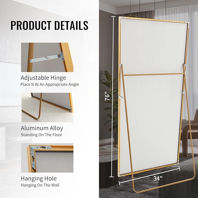 Beauty4U Full Length Mirror 76" x 34", Large Floor Mirror with Stand, Wall Mounted or Leaning, HD Tempered Glass Full Body Mirror for Bedroom, Living Room, Entryway, Gold Frame