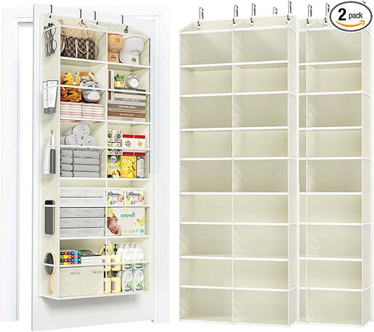 2 Pack 5-Tier Over The Door Organizer with 10 Side Mesh Pockets & Clear Windows, 80 lbs Weight Capacity Hanging Storage for Bathroom, Bedroom, Nursery, Kitchen, Organize Shoes, Diapers(Clear Beige)