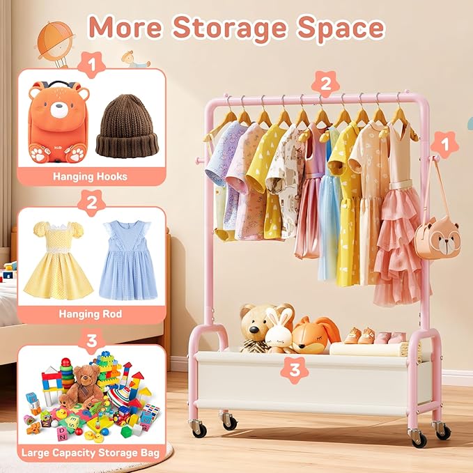Kids Clothing Rack with Storage Shelf, Kids Dress Up Storage for Coats, Small Baby Garment Rack for Hanging Clothes, Toddler Wardrobe Closet Organizer (Pink, Upgrade with Wheel)