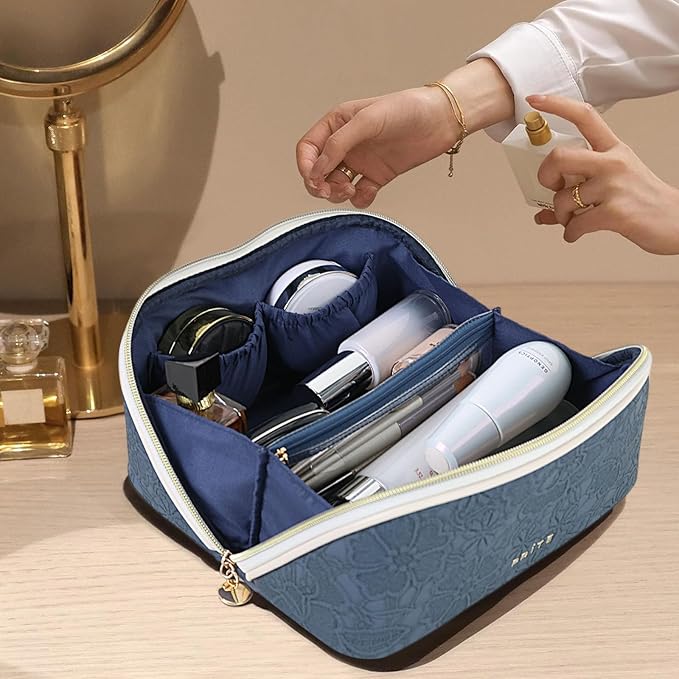 Prite Makeup Bag for Women Travel Waterproof Vegan Leather Cosmetic Bag Open Flat Toiletry Bag With Clear Divider and Handle (Blue Flower, Large)