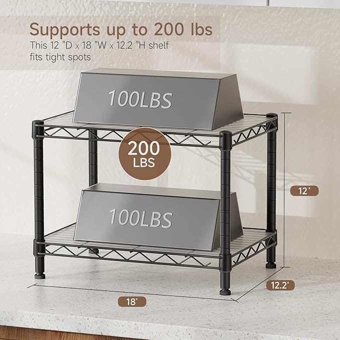 Golpart Small 2 Tier Shelves Storage Wire Shelving Unit Metal Shelf Adjustable Organizers Storage Shelving for Bathroom Laundry Room Kitchen Pantry12”D x 18”W x 12.2”H Black