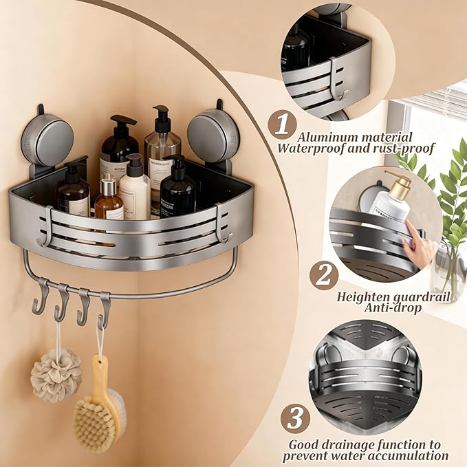 No-Drilling Corner Suction Cup Shower Caddy(1-Pack Gray),Rust-Proof and Durable Bathroom Organizer with Towel Bar & Hooks,Modern Large-Capacity Wall-Mounted Shower Shelf