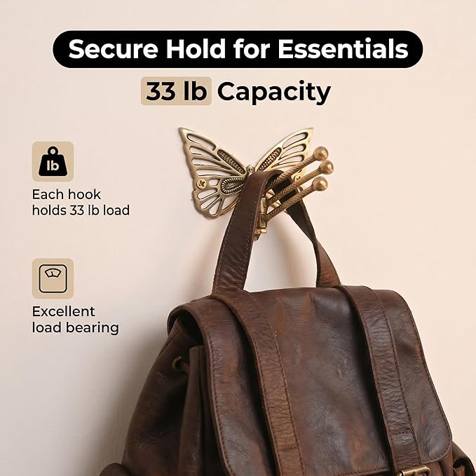 Indian Shelf 33Lb. Brass Butterfly Foldable Coat Hooks Heavy Duty, Swivel Tri Arm Decorative Wall Hooks Gold Key Holder, 3 Prong Vintage Gold Coat Rack Wall Mount, Folding Hat Rack