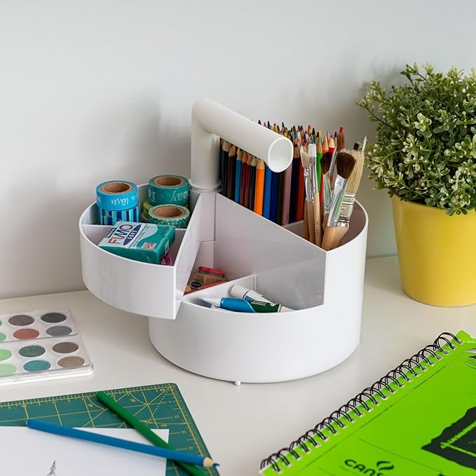 IRIS USA 2-Pack Desk Caddy Organizer |Made in USA| with Built-In Handle & 6 Storage Compartments for Markers, Pens, Arts & Crafts - White