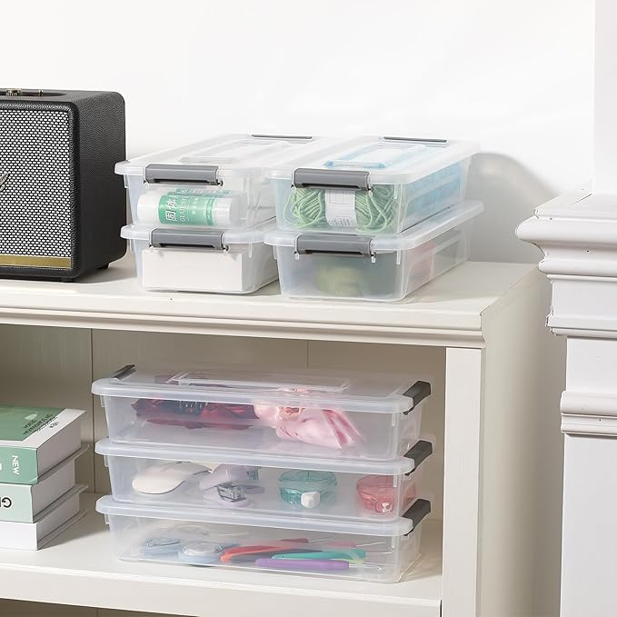 novelinks Clear Plastic Storage Bins with lids, Stackable Storage Containers, Durable Craft Storage Boxes, Organization Containers for Home Office (4 Quart 8 Pack)