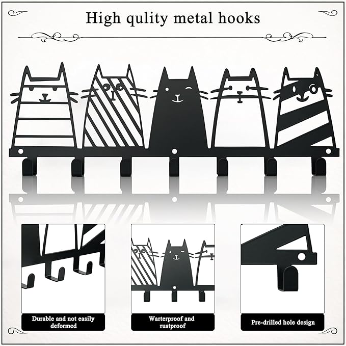 Metal Key Holder Wall Mount, Cute Cat Key Rack Hooks, Whimsical Animal Wall Art Organizer for Entryway, Kitchen, Hallway, Garage, Farmhouse Home Decor & Housewarming Gift (Cat Family)