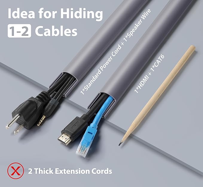 ZhiYo Cord Covers for Wires on Wall, 85in(6 x L14.2in) Cable Hider for Hiding 1-2 Cables, PVC Wire Covers for Cords on Wall Mount TV in Home or Office, Grey W1in x H0.41in