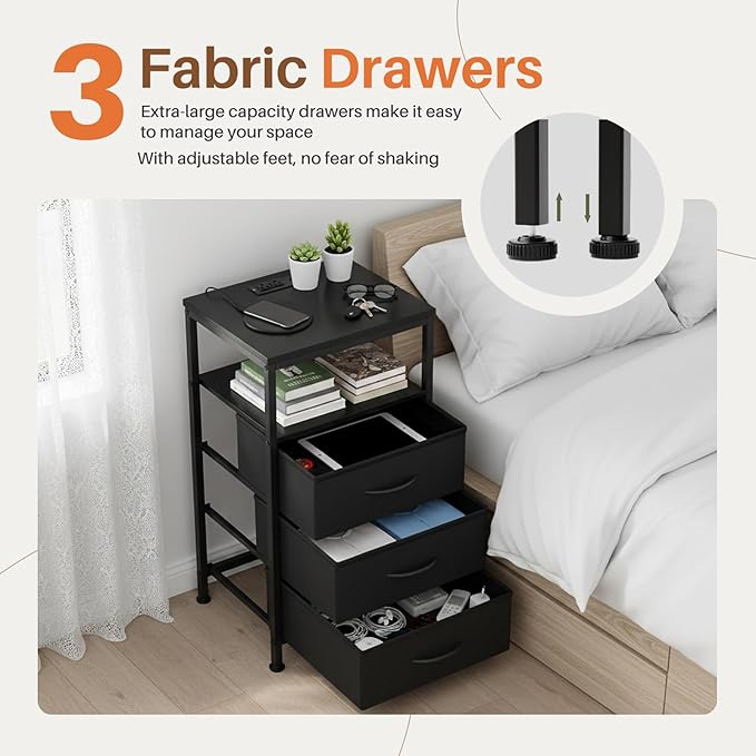 DUMOS Nightstand with Charging Station, Bedside End Table with 3 Fabric Drawers & USB/Type-C Ports and Outlets, Night Stand for Bedroom Furniture, Adjustable Feet and Variable Light Strip, Black