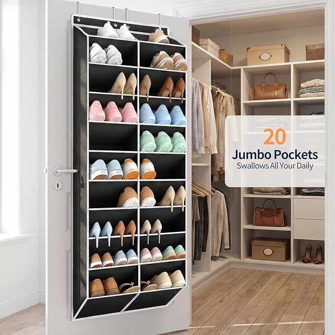Yecaye 30 Pairs Over the Door Shoe Organizer, Large Capacity Hanging Shoe Rack for Door Hanger with Deep Pockets, Heavy Duty 10 Tier Shoe Holder for Sneakers Boots Heels College Dorm Essentials, Black