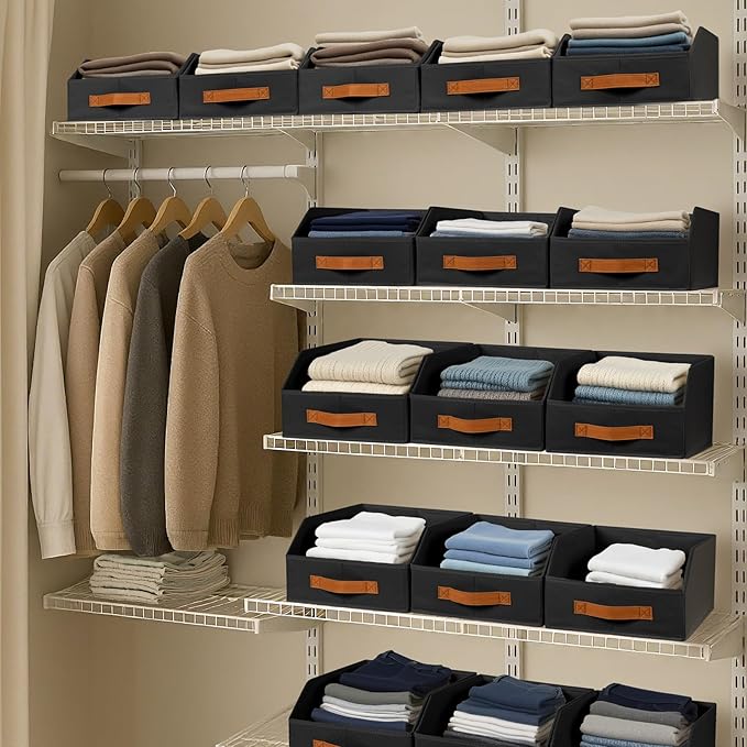 Homsorout Fabric Storage Bins for Organizing - 6 Pack Large Trapezoid Collapsible Storage Bins with Front Handle, Closet Organizers and Storage for Bedroom, Home Shelves, Small Spaces, Black