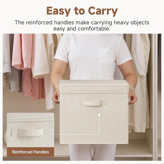 StorageWorks Storage Bins with Lid, Decorative Fabric Storage Bins with Handles, Stackable Closet Organizers for Shelves and Bedroom, Large, Beige(Natural Fabric), 2-Pack