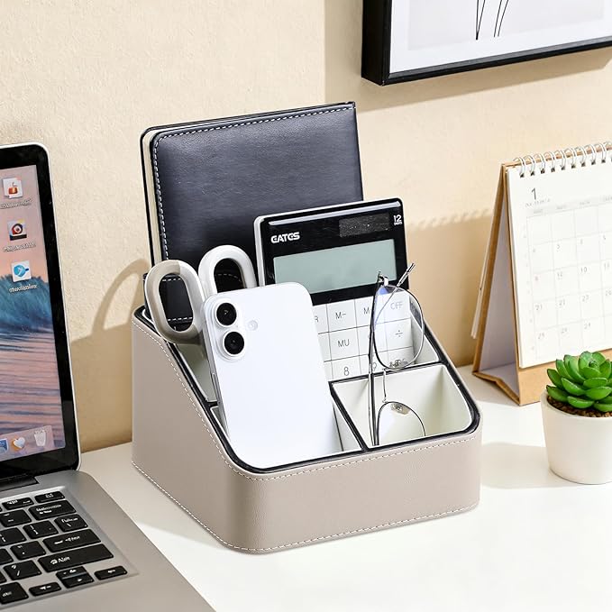 Remote Control Holder, PU Leather Small Desk Organizer with 4 Compartments, Nightstand Organizer Office Desk Accessories Desk Caddy for Countertop Bedside End Table (Beige)