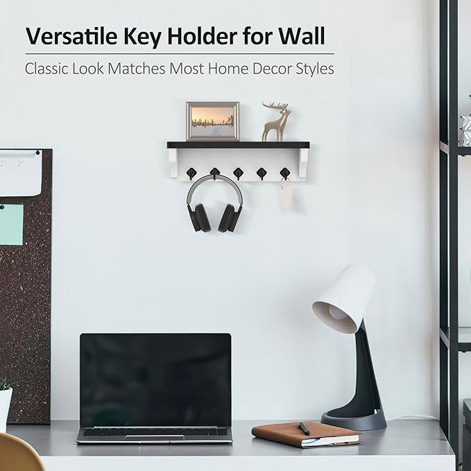 Nekon Key Holder for Wall, 11.8" W x 3.5" H x 2.8" D Decorative Key Organizer with Floating Shelf, Wall Mount Key Rack with 5 Hooks (Black)
