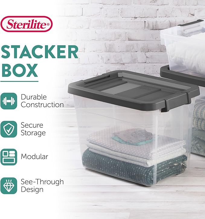 Sterilite 6-Pack Modular Stacker Box, Durable Clear Plastic Storage Bins with Latching Lids, 30 Quart - Stackable Organizing Container Boxes for Closet, Bathroom, and Office