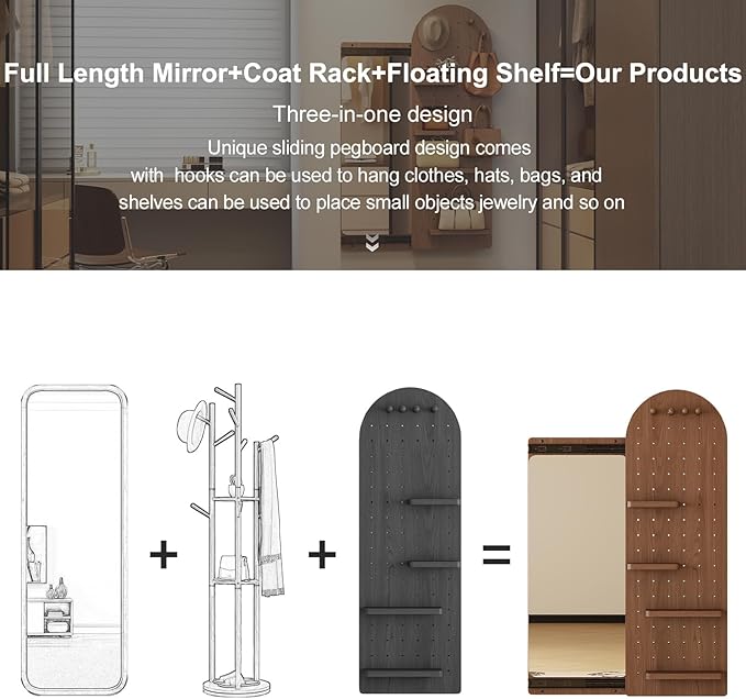 KungFuWood Full Length Mirror with Shelf and Hooks,Entry Way Mirrors for Wall,Wall Mirror with Shelf,Wall Mirror with Storage Multifunctional Design Panel,Living Room (Deep Walnut, 52.4" L x 19" W)