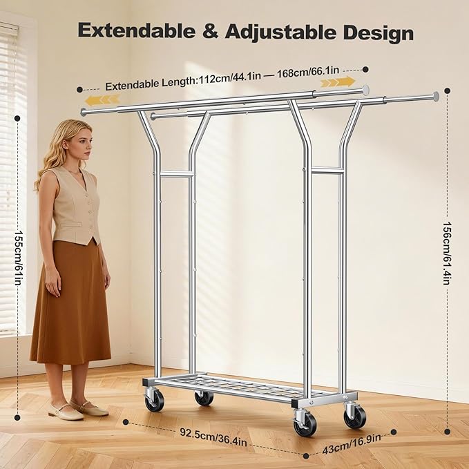 Heavy Duty Clothes Rack - Load 620 LBS, Rolling Clothing Rack for Hanging Clothes with Lockable Wheels & Shelves, Extendable Double Rod Garment Rack for Bedroom, Laundry, Living Room, Silver
