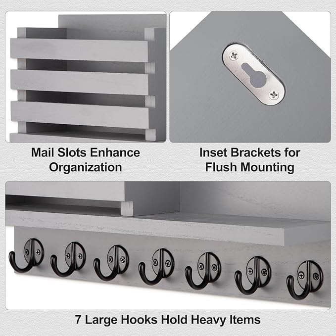 Lwenki Key Holder for Wall – Decorative Wooden Mail Holder and Key Shelf with Mounting Hardware, Installation Guide – Paulownia Wood with Metal Key Hooks (Gray, Extra Large - 15.6inch)