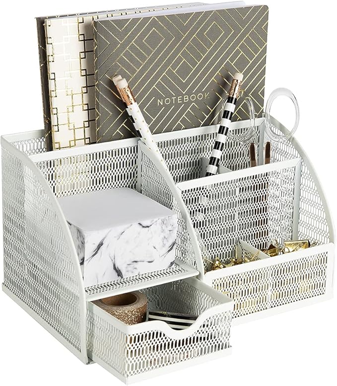 BLU MONACO | White Metal Mesh Desk Organizer with Drawer | 6-Compartment Desktop Storage for Office, School, Kitchen & Home | Modern Workspace Organizer for Pens, Papers, Supplies & Accessories