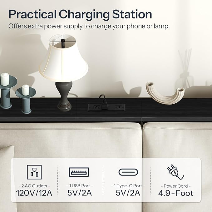 HOOBRO 39.4 Inch Narrow Console Table with Power Outlets, 5.9 Inch Sofa Table with Storage, Skinny Behind Couch Table, for Entryway Hallway, Small Spaces, Black BB52UXG01G1