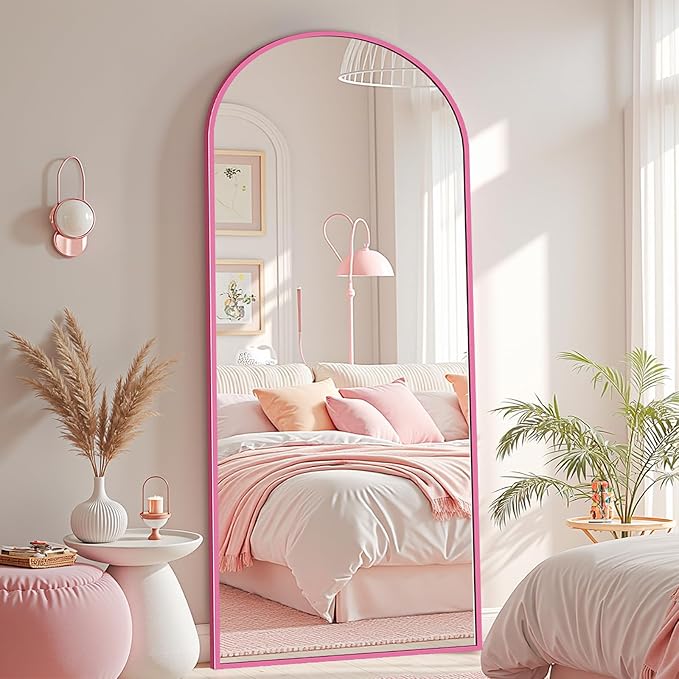 Full Length Mirror with Stand, 58"x19" Arched Full Body Mirror, Large Stand Up Aluminum Frame Floor Freestanding Hanging Leaning Mounted for Bedroom Living Room Entryway Pink