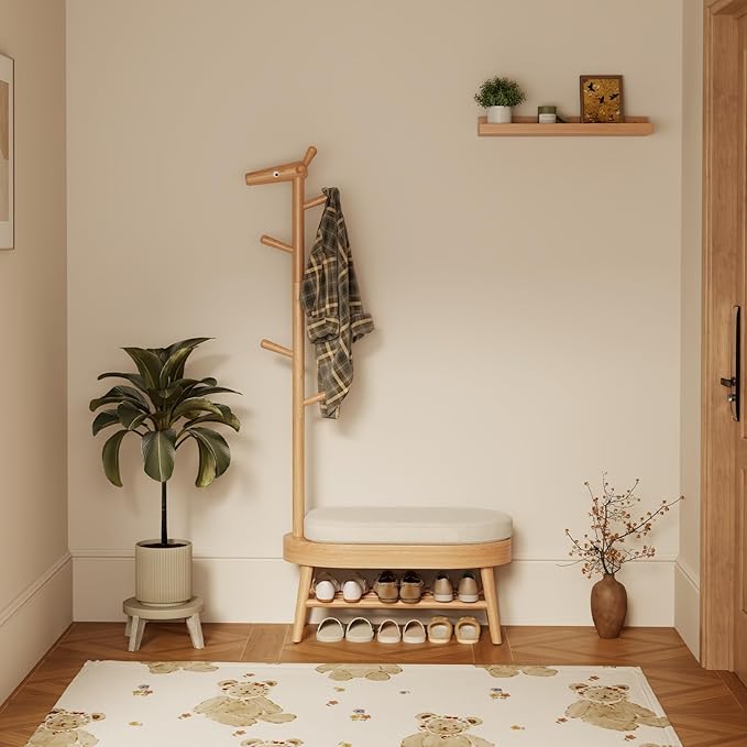 AQIMUELE Entryway Shoe Rack with Coat Rack, Wooden Shoe Bench with Upholstered Cushion, 3-in-1, 2-Tier Shoe Storage and Cute Animal Hooks for Entryway, Hallway, Closet (Natural 32.2")