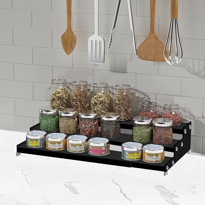 Jojocross Spice Rack Organizer 3 Tier Expandable Display Shelf(12.8"-24.01" W) Non-Skid Heavy Duty Sturdy Metal Iron Alloy Steel Step Racks 1 Pack/Black