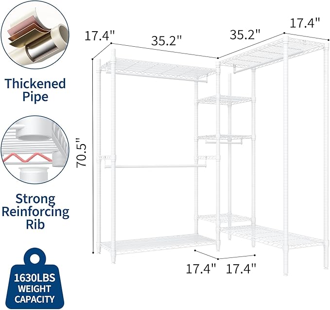 Heavy Duty Clothes Rack, Freestanding Garment Rack with 4 Hanging Rods and 7 Storage Shelves, Adjustable Closet Organizer System, Portable Wardrobe Closet for Hanging Clothes, 70.5"h X85.4"l x 17.4"w