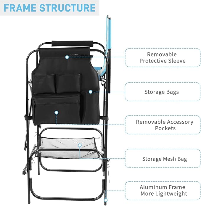 Outvita 31" Tall Directors Chair Height Seat Folding with Side Table Storage Bag, Support for 300Lbs Portable Makeup Artist Chair with Bar Height(Blue/Black)