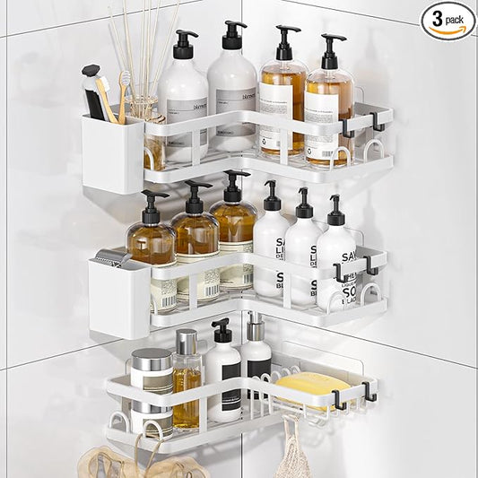 3 Pack Corner Shower Caddy Organizer, Rustproof Corner Shower Shelves, No Drilling Bathroom Corner Shelf with Hooks and Toothpaste Holder